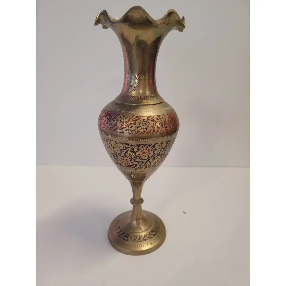Vintage Brass Vase Handmade Etched Solid Floral Design Color Engraved Decor 12